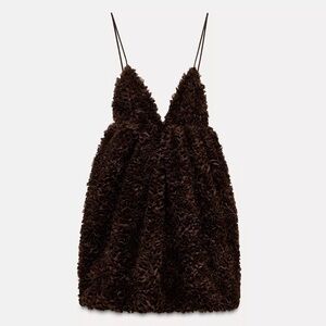 Zara Dark Brown Textured Spaghetti-Strap Mini Dress
